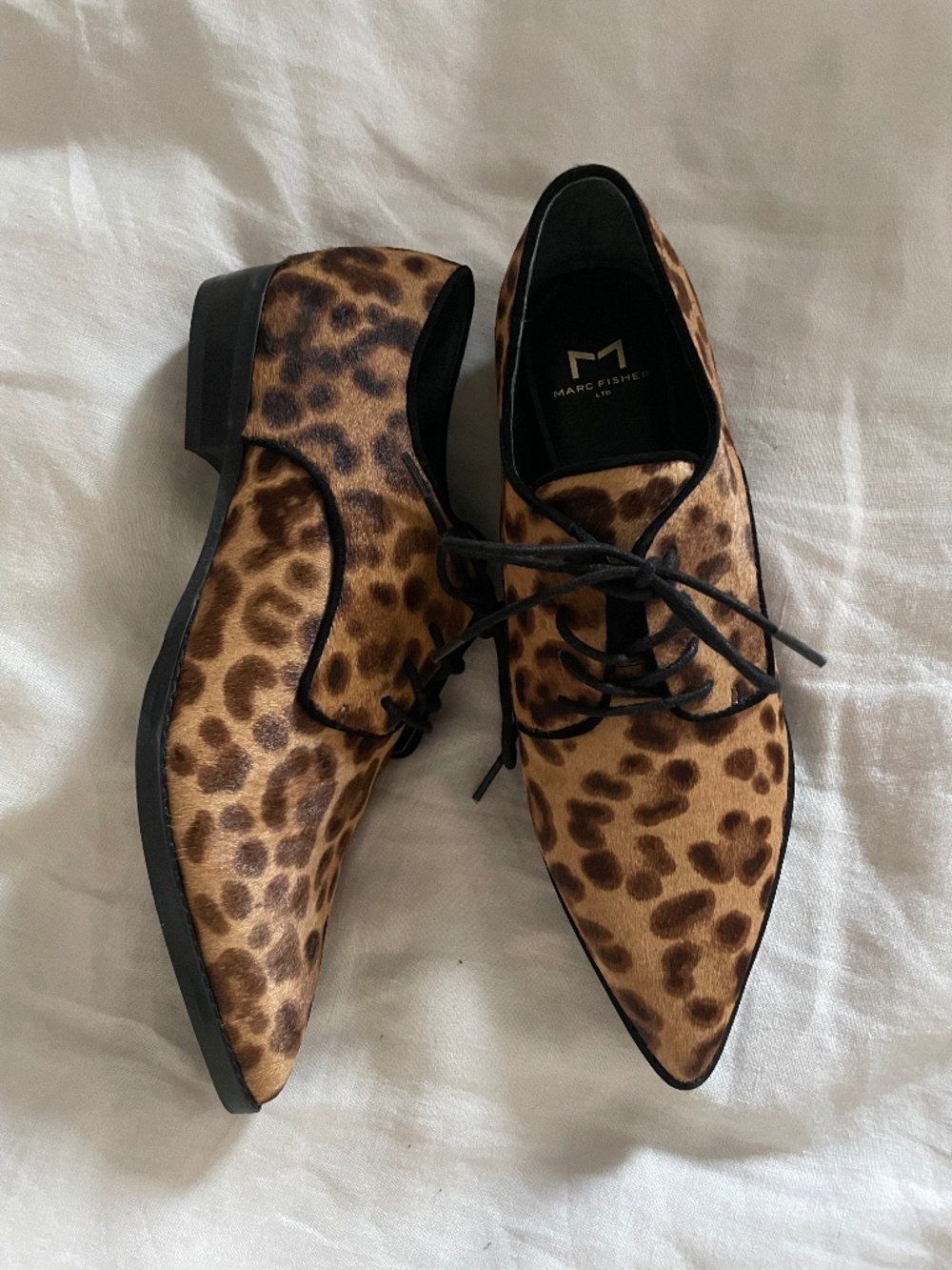 Marc Fisher leopard print calf hair pointed toe lace-up derby shoe